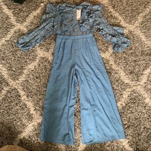 NWT Boohoo Blue ruffle jumpsuit